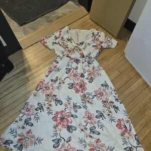 Elegant Floral Midi Dress in Pink and Gray
